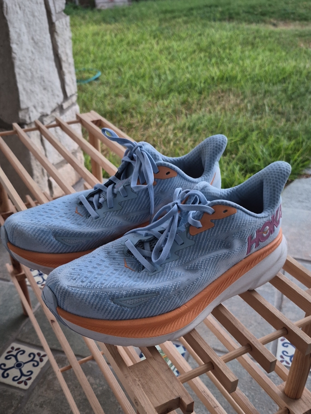 Hoka Womens Sky Blue and Orange Running Sneakers